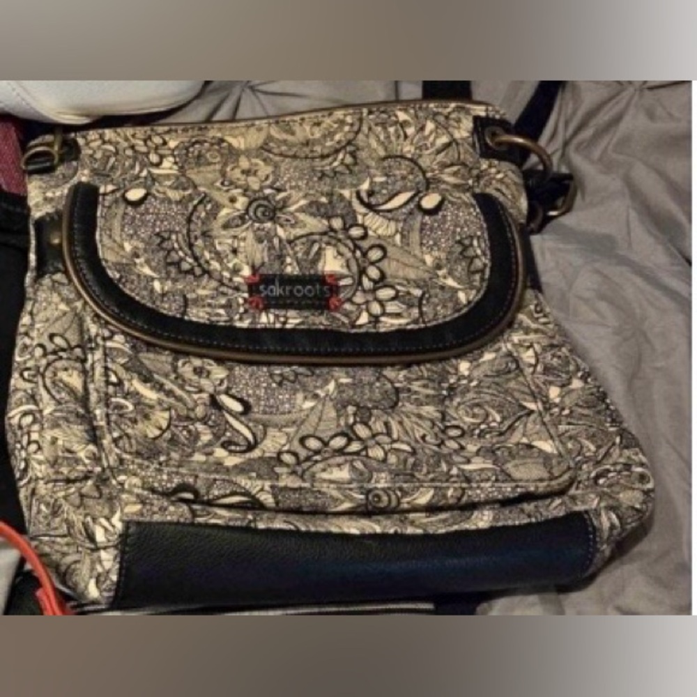 Sakroots Black and Cream Floral Canvas Crossbody